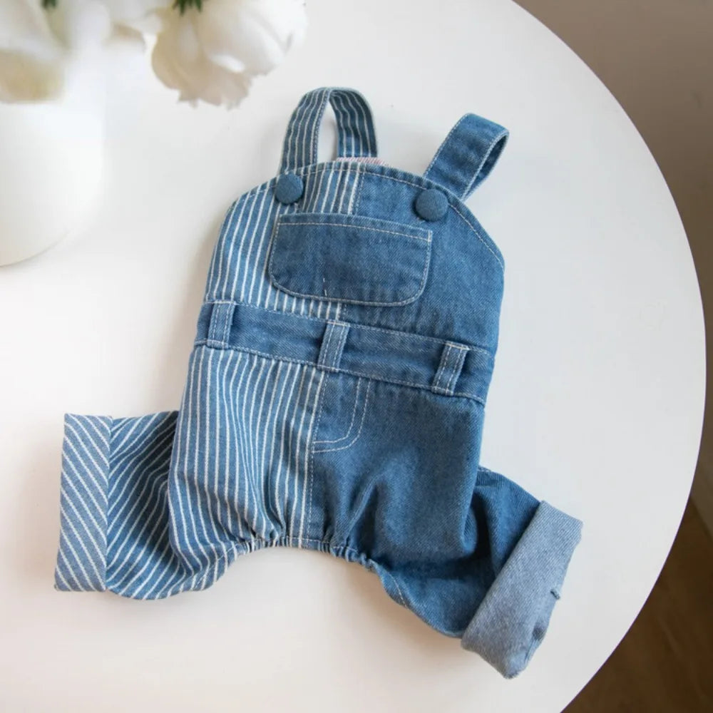 Pet Autumn Winter Striped Patchwork Denim Straps Dog Pants