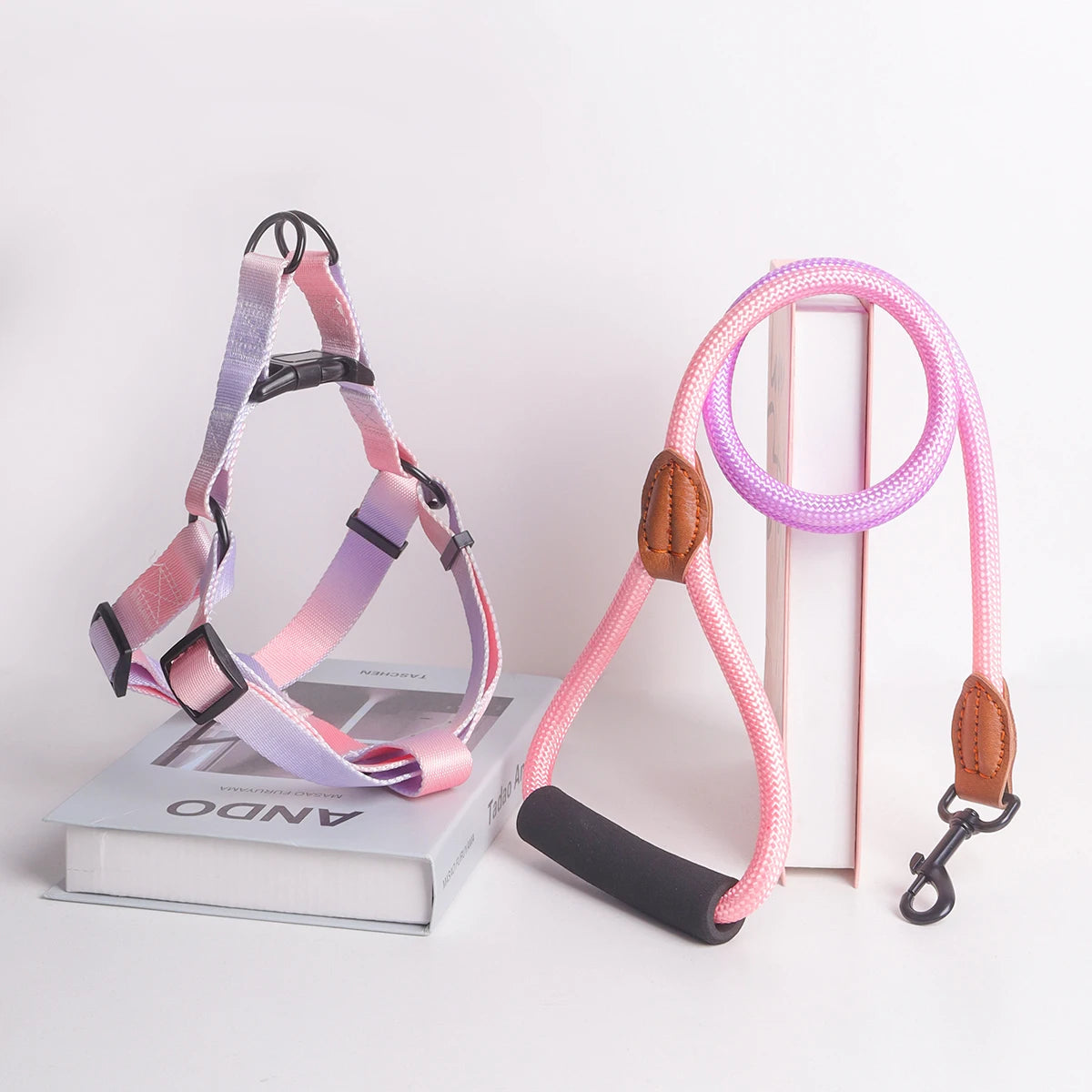 A set of colorful pet harness with leash