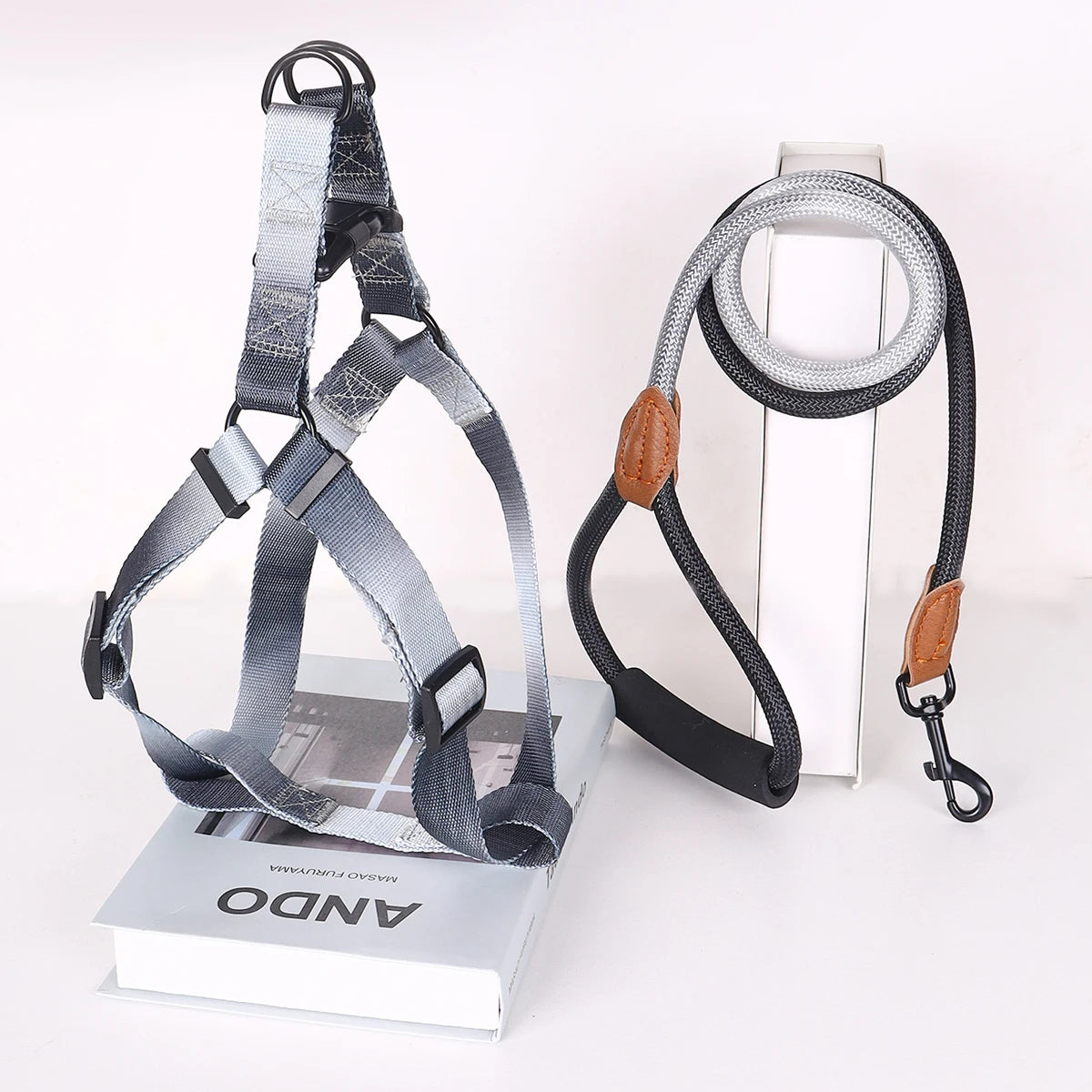 A set of colorful pet harness with leash