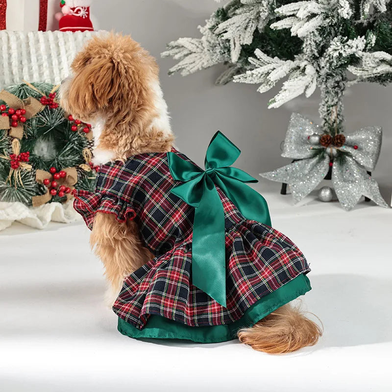 Plaid Christmas Dog Dress with Big Bow