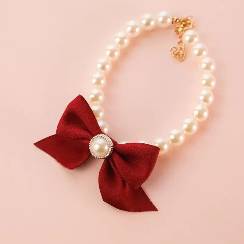 1Pcs New Pet Collar Pearl Bow Necklace
