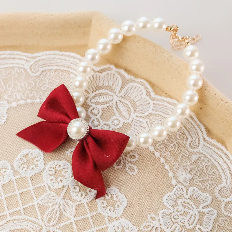 1Pcs New Pet Collar Pearl Bow Necklace