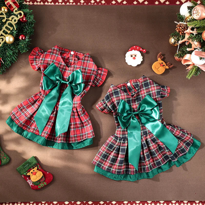 Plaid Christmas Dog Dress with Big Bow