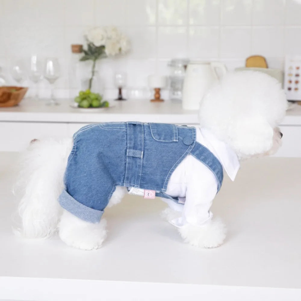 Pet Autumn Winter Striped Patchwork Denim Straps Dog Pants