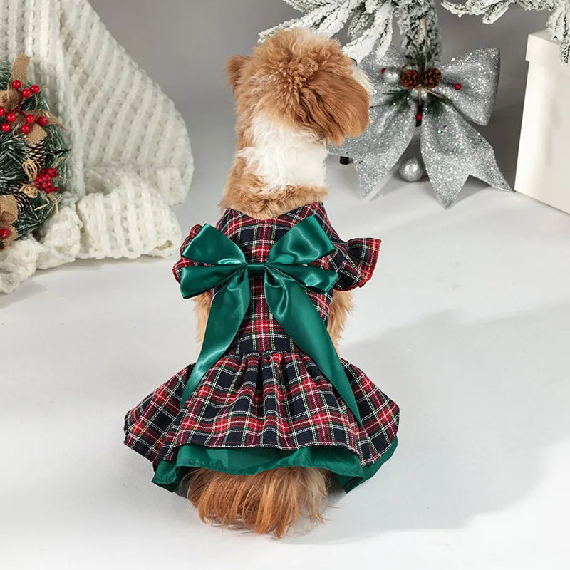 Plaid Christmas Dog Dress with Big Bow