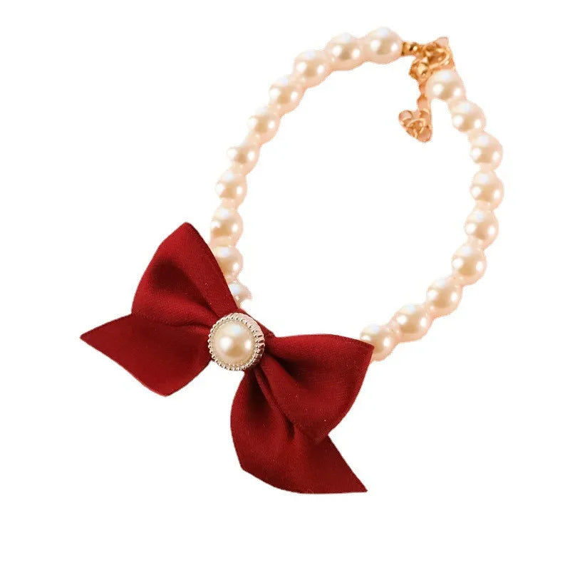 1Pcs New Pet Collar Pearl Bow Necklace