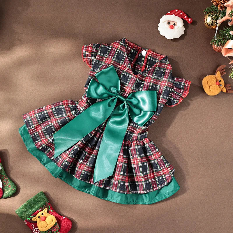 Plaid Christmas Dog Dress with Big Bow