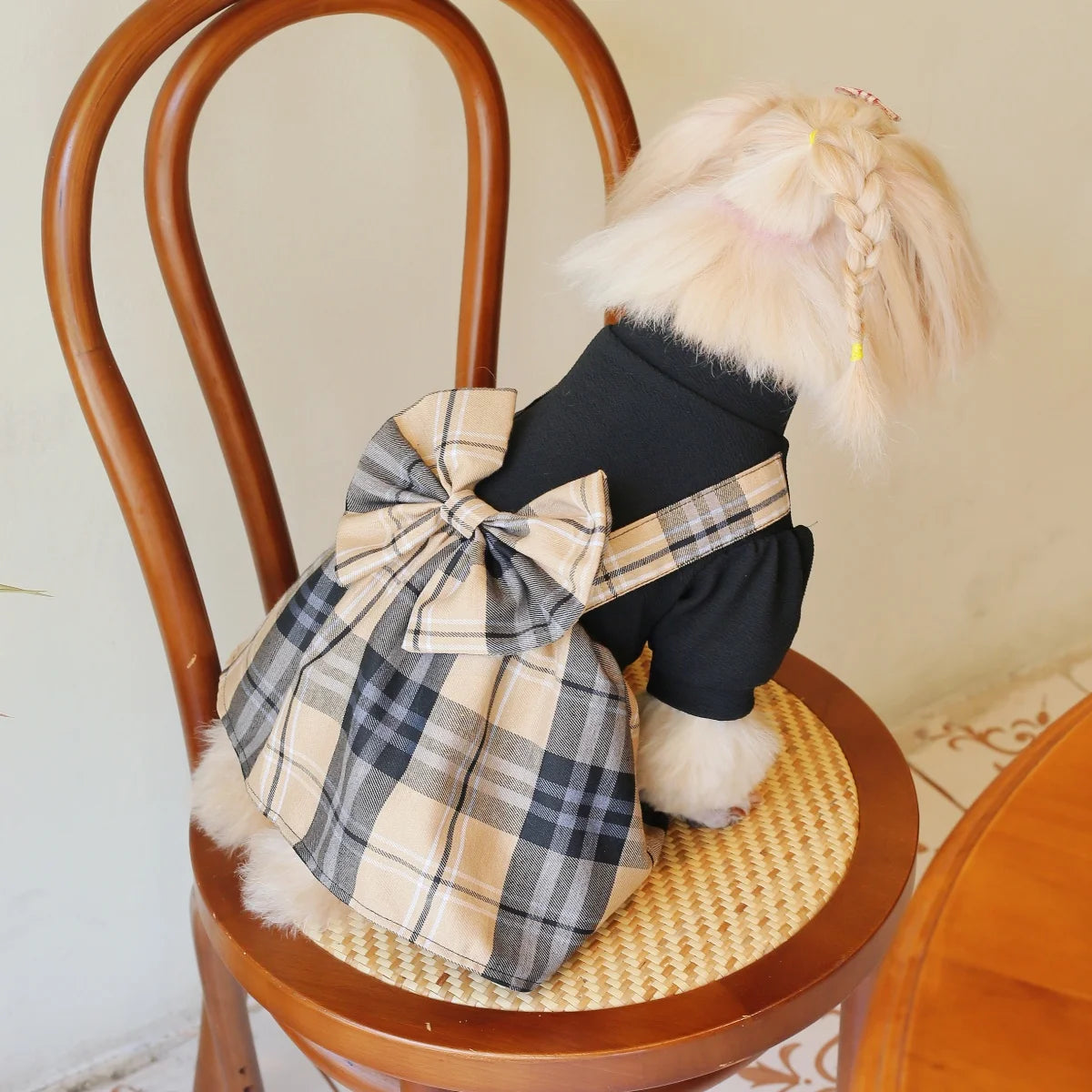395 Elastic Black Fabric with Khaki Plaid Bow