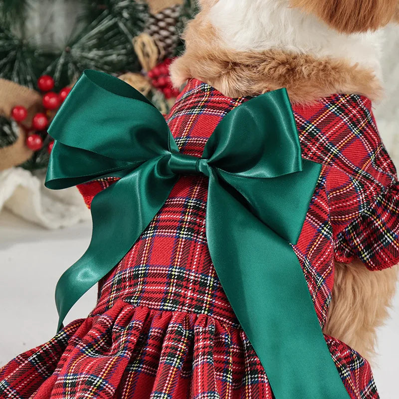 Plaid Christmas Dog Dress with Big Bow