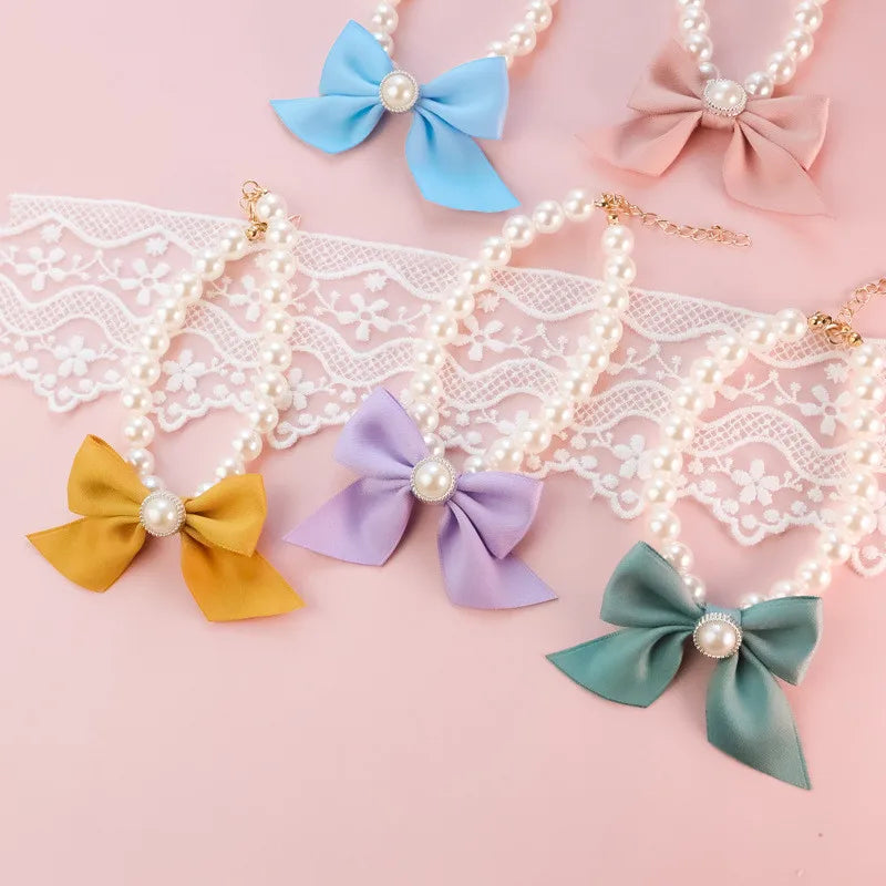 1Pcs New Pet Collar Pearl Bow Necklace