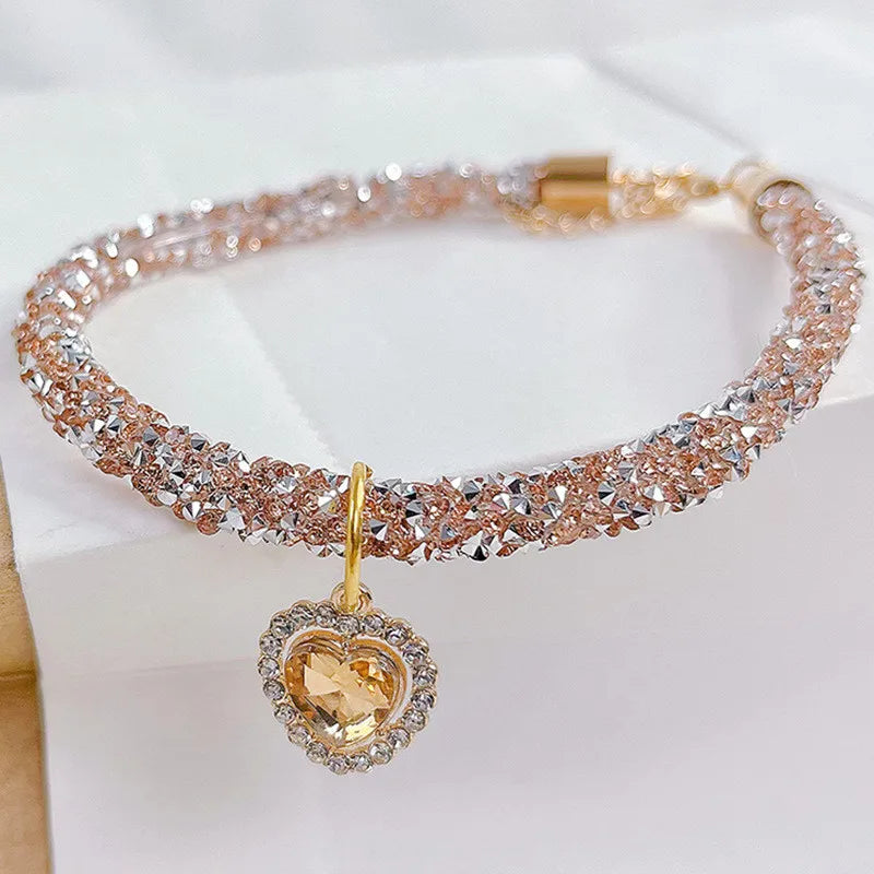 Crystal Cat Collar Heart Gem Pendant