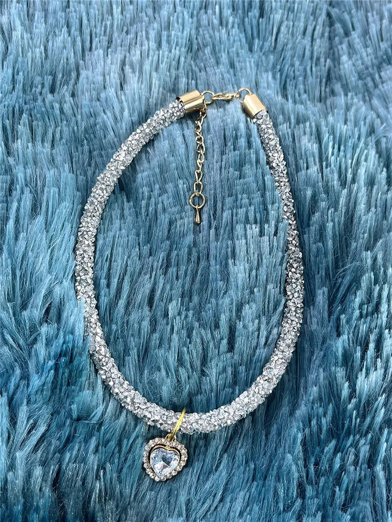 Crystal Cat Collar Heart Gem Pendant