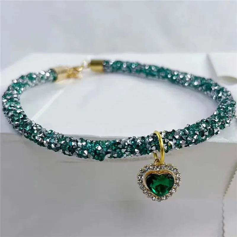 Crystal Cat Collar Heart Gem Pendant