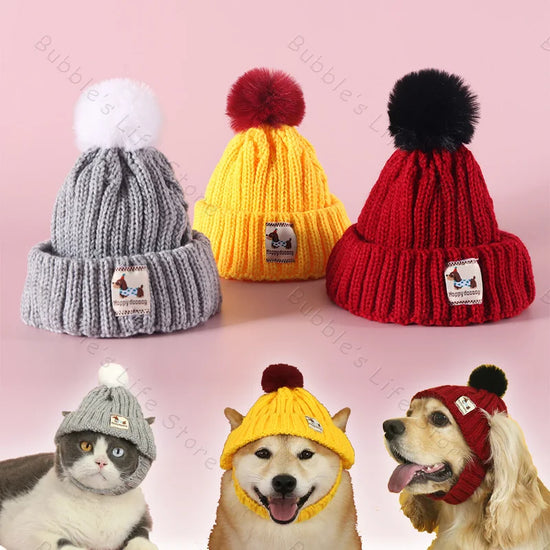Knitted Dog Hat with Pom Pom