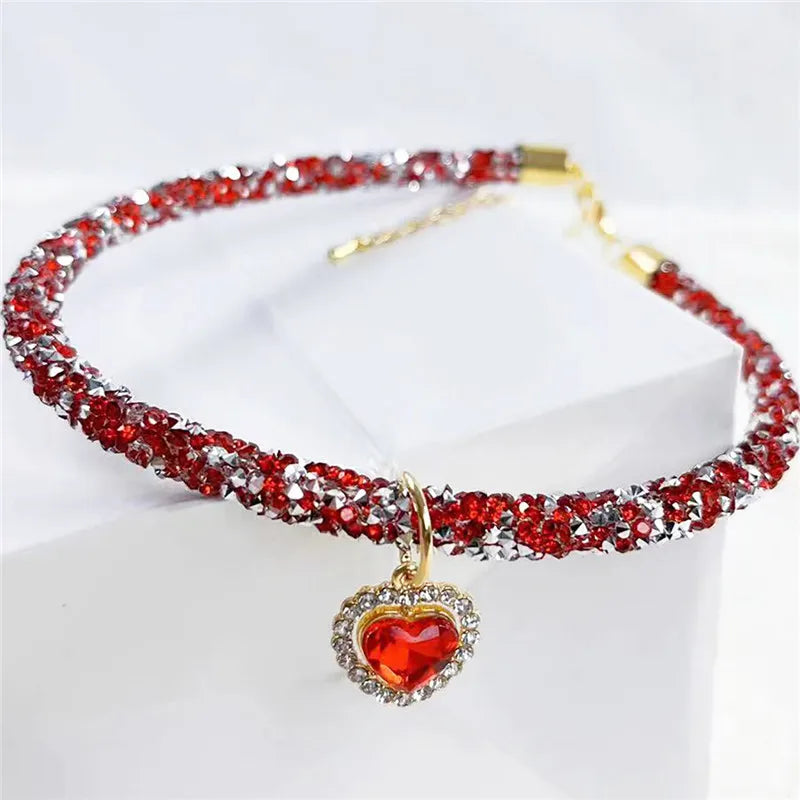 Crystal Cat Collar Heart Gem Pendant