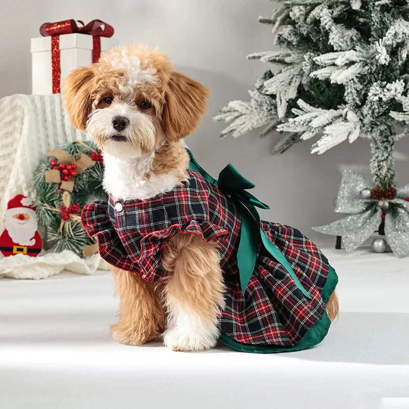 Plaid Christmas Dog Dress with Big Bow
