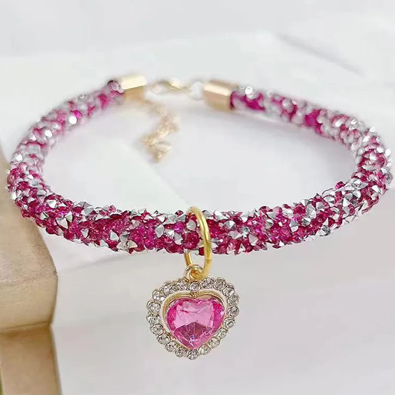 Crystal Cat Collar Heart Gem Pendant