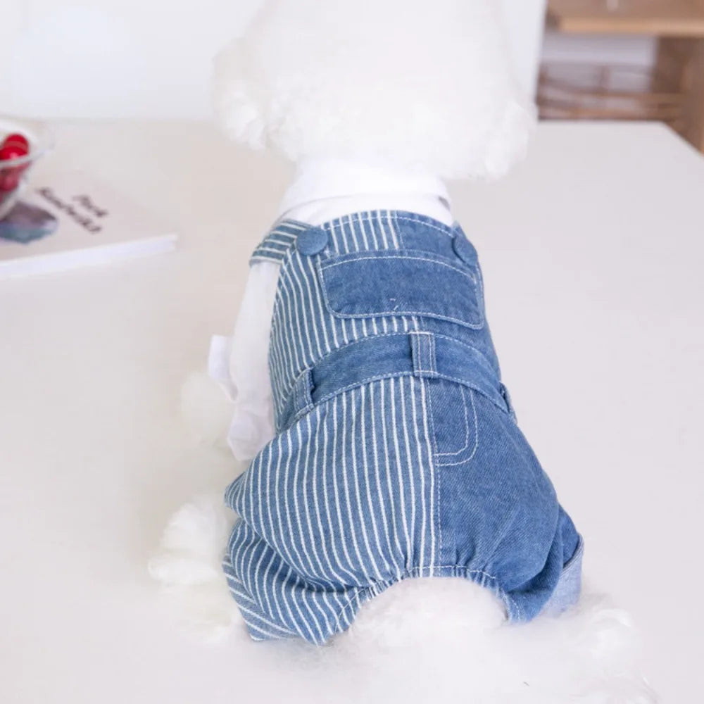 Pet Autumn Winter Striped Patchwork Denim Straps Dog Pants