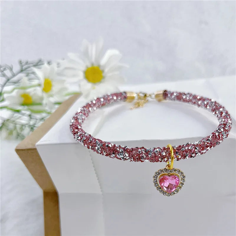 Crystal Cat Collar Heart Gem Pendant