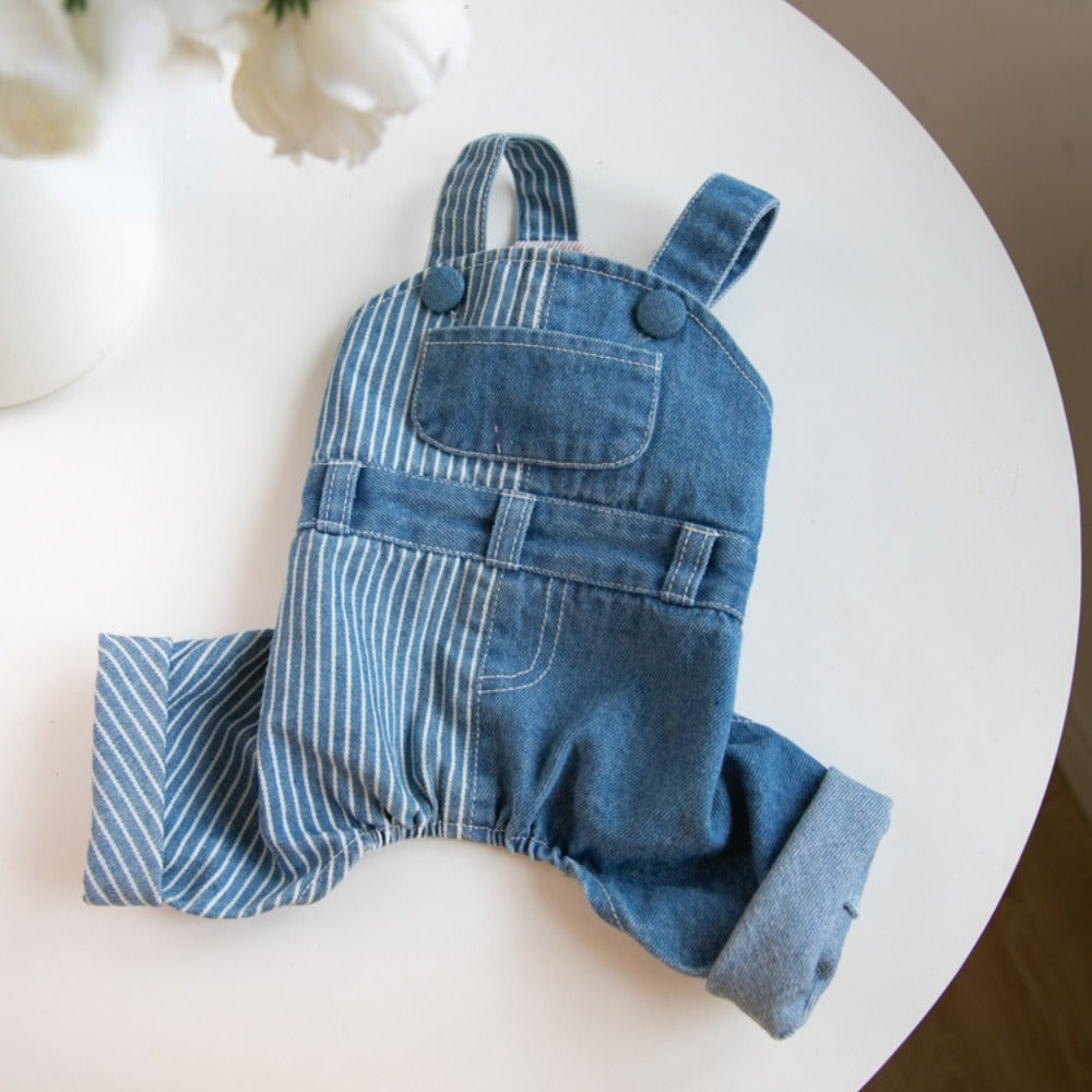 Pet Autumn Winter Striped Patchwork Denim Straps Dog Pants