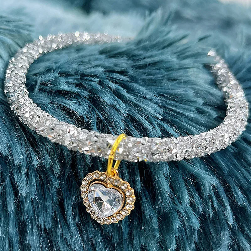 Crystal Cat Collar Heart Gem Pendant