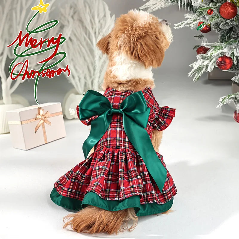 Plaid Christmas Dog Dress with Big Bow