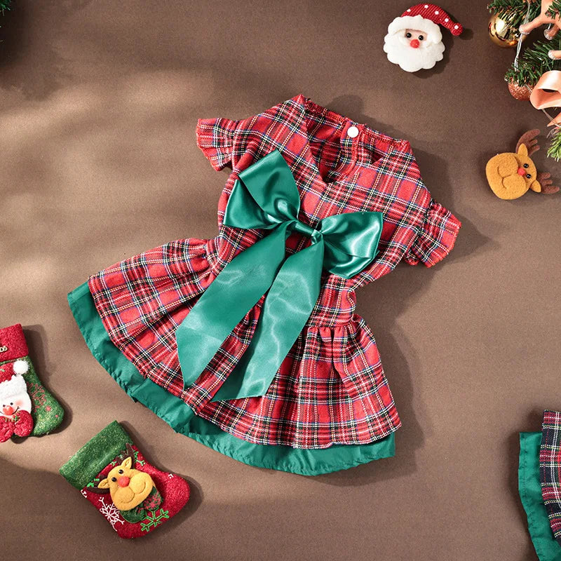 Plaid Christmas Dog Dress with Big Bow