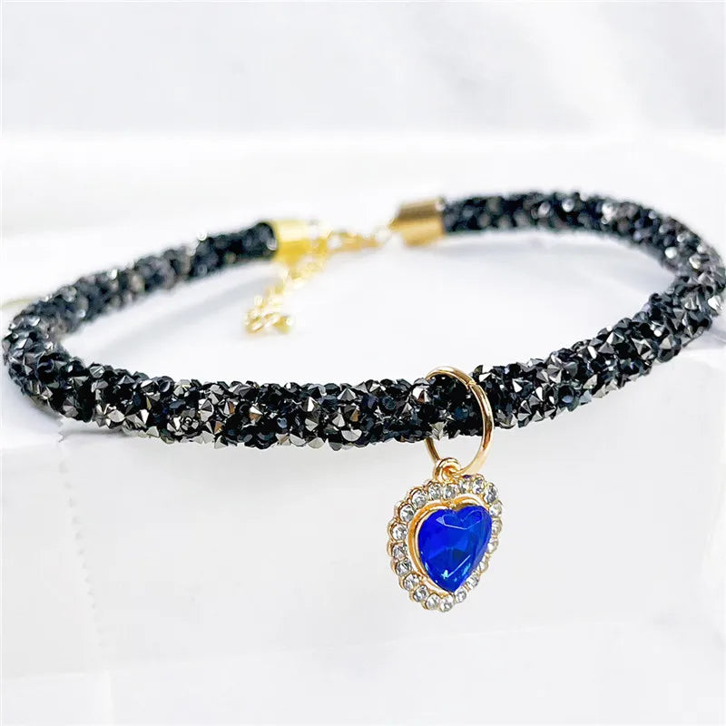 Crystal Cat Collar Heart Gem Pendant