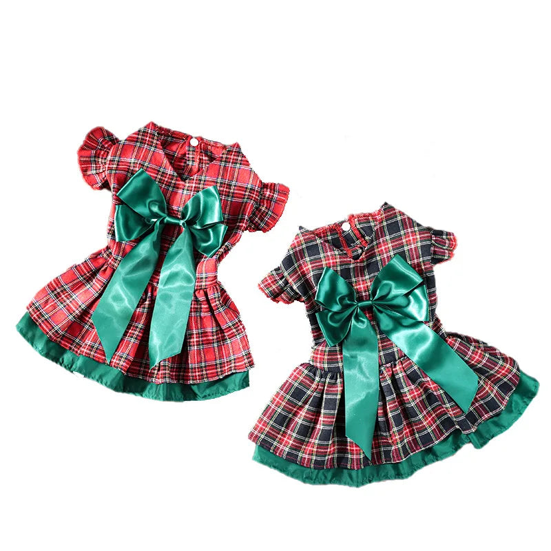 Plaid Christmas Dog Dress with Big Bow