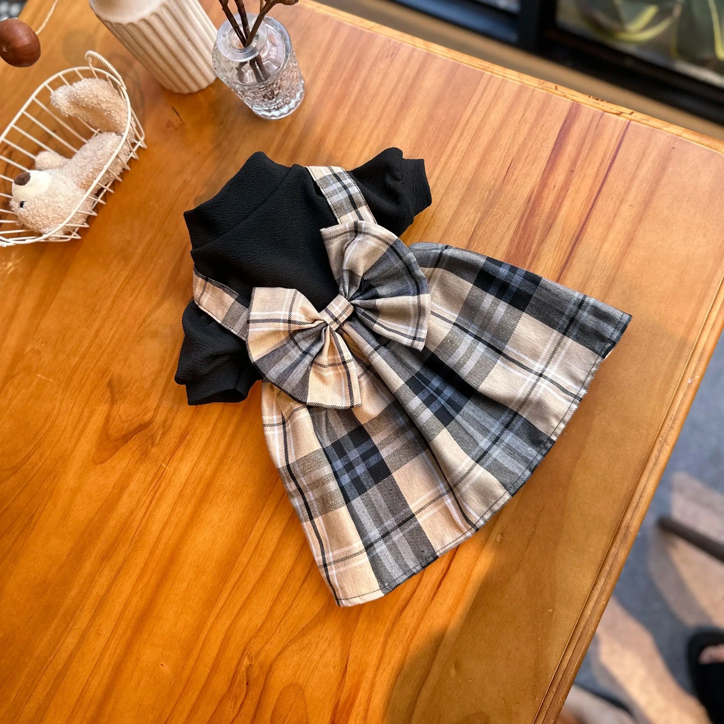 395 Elastic Black Fabric with Khaki Plaid Bow