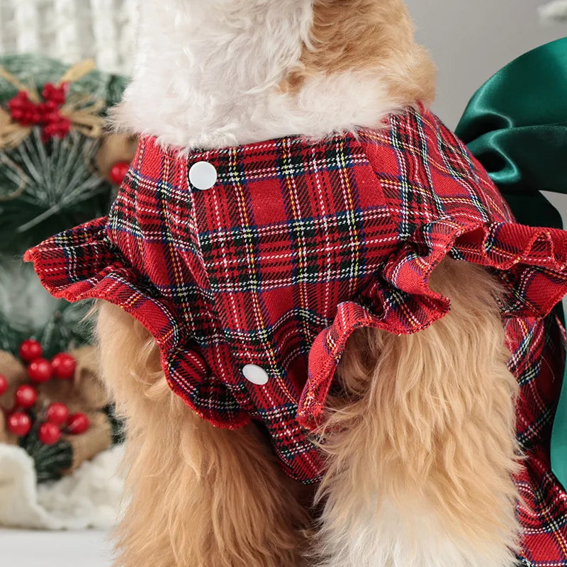 Plaid Christmas Dog Dress with Big Bow