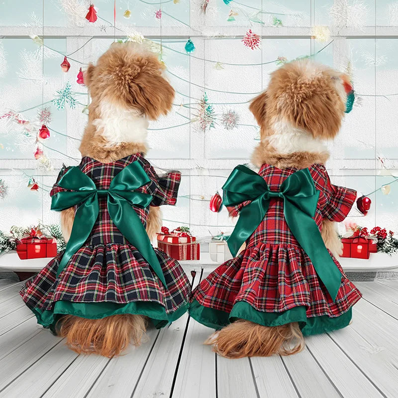 Plaid Christmas Dog Dress with Big Bow