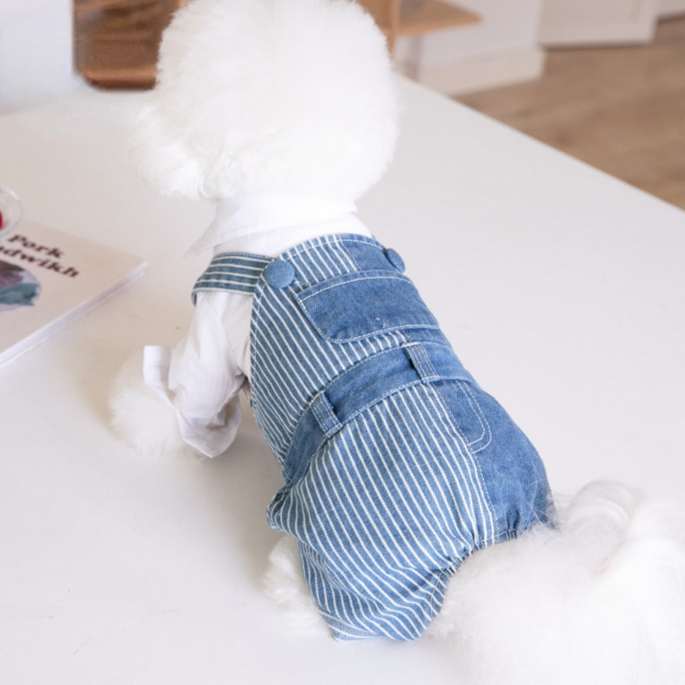 Pet Autumn Winter Striped Patchwork Denim Straps Dog Pants