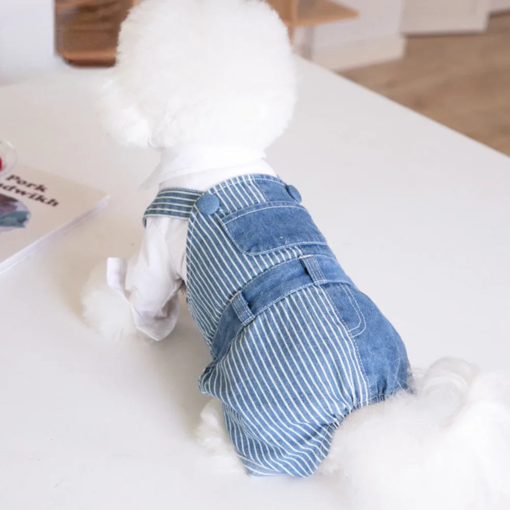 Pet Autumn Winter Striped Patchwork Denim Straps Dog Pants