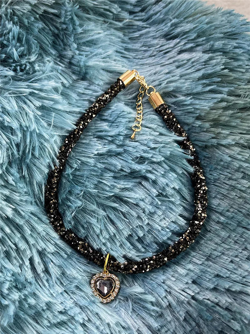 Crystal Cat Collar Heart Gem Pendant